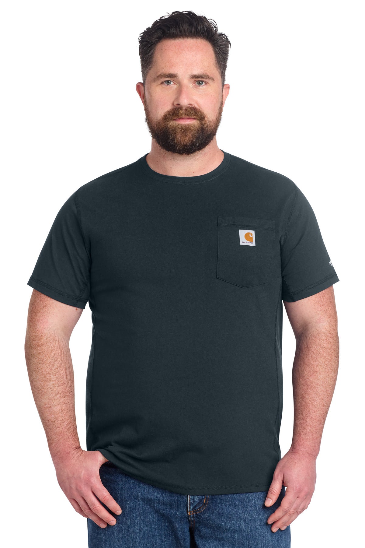 Navy Carhartt Force short sleeve pocket T-shirt with front pocket and crew neck, worn by a male model.