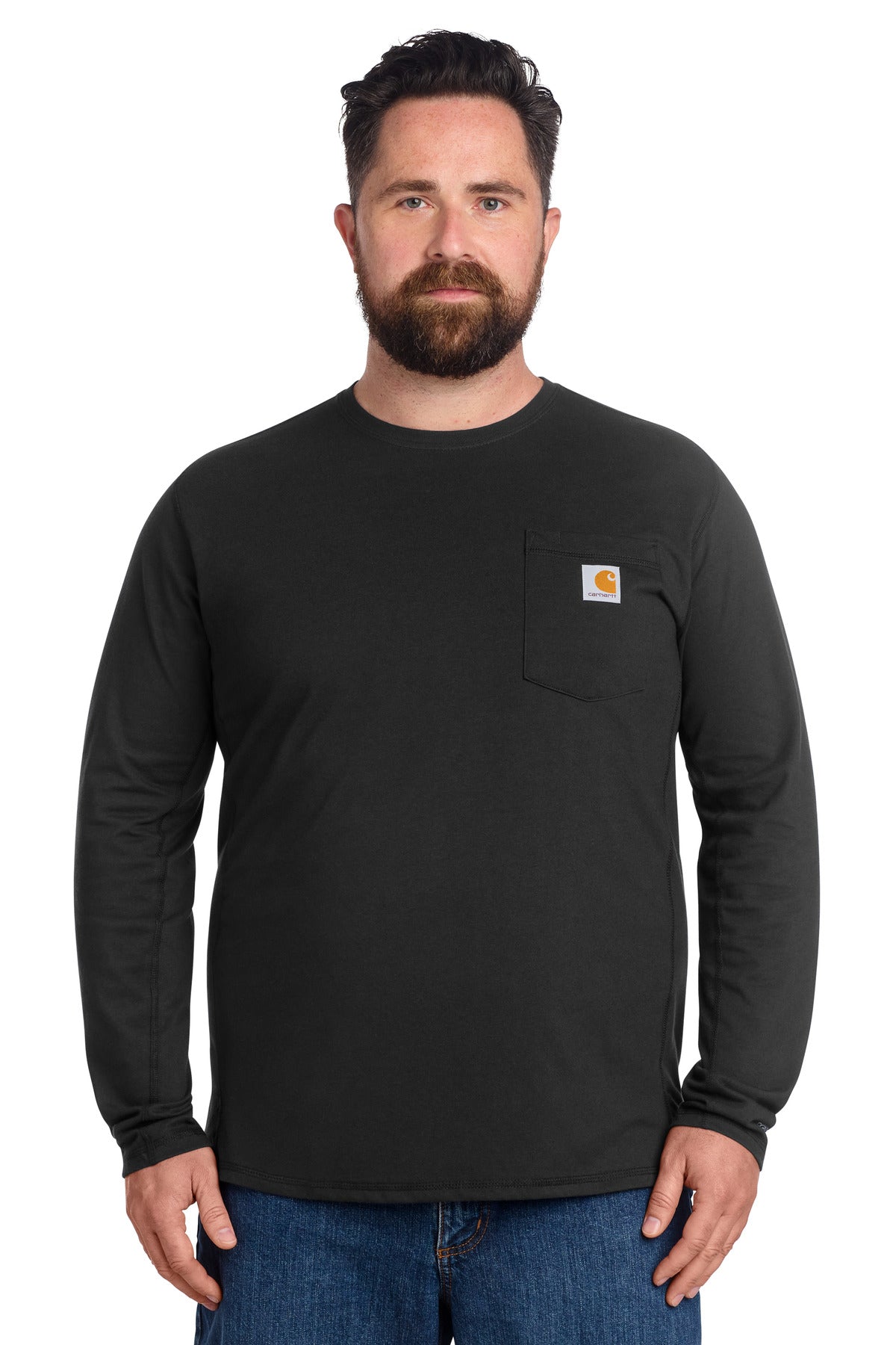 Black Carhartt Force long sleeve pocket T-shirt with front pocket, worn by a model, showcasing casual style and comfortable fit.