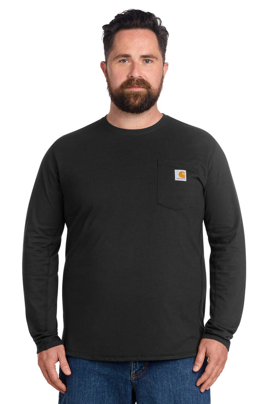 Black Carhartt Force long sleeve pocket T-shirt with front pocket, worn by a model, showcasing casual style and comfortable fit.
