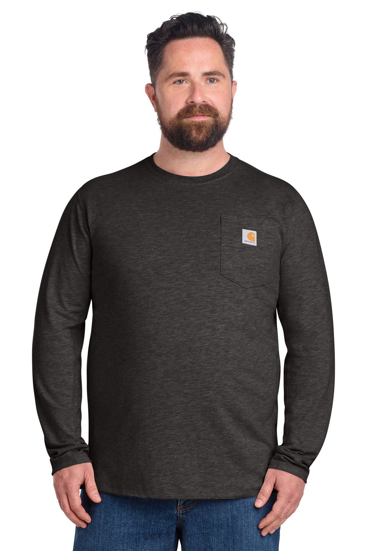 Carhartt Force long sleeve pocket T-shirt in carbon heather, featuring a front view with chest pocket and comfortable fit.