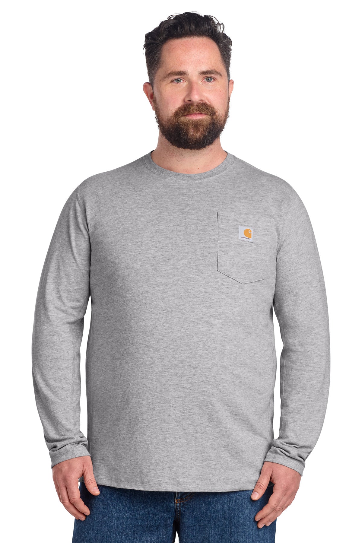 Carhartt Force long sleeve pocket T-shirt in heather grey worn by a model, showcasing front view and chest pocket.