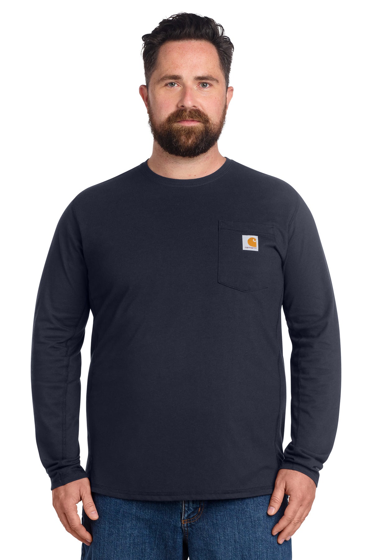 Navy Carhartt Force long sleeve pocket T-shirt, front view showing chest pocket and logo, casual workwear style.
