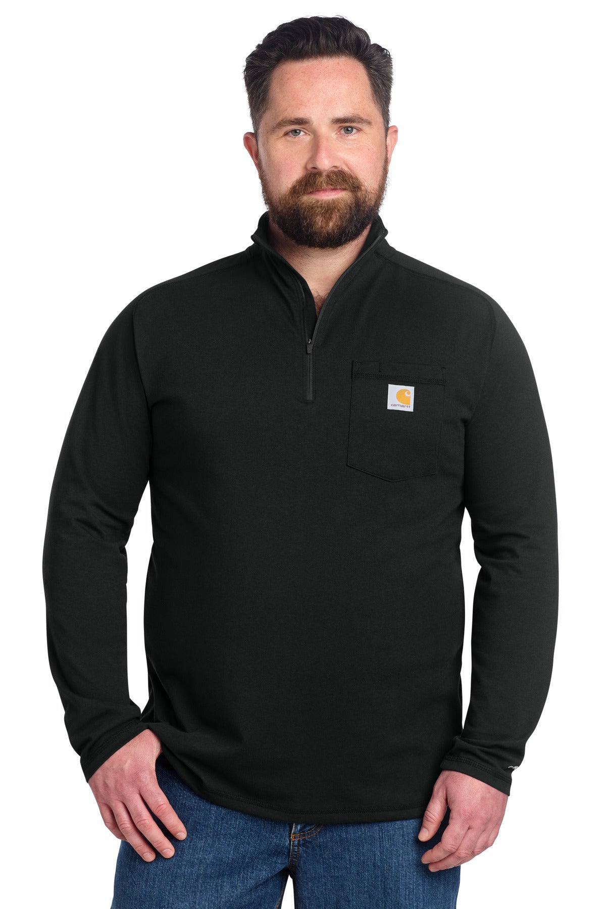 Black Carhartt Force 1/4-Zip Long Sleeve T-Shirt worn by a model, showcasing the front view with a zip collar and comfortable fit.