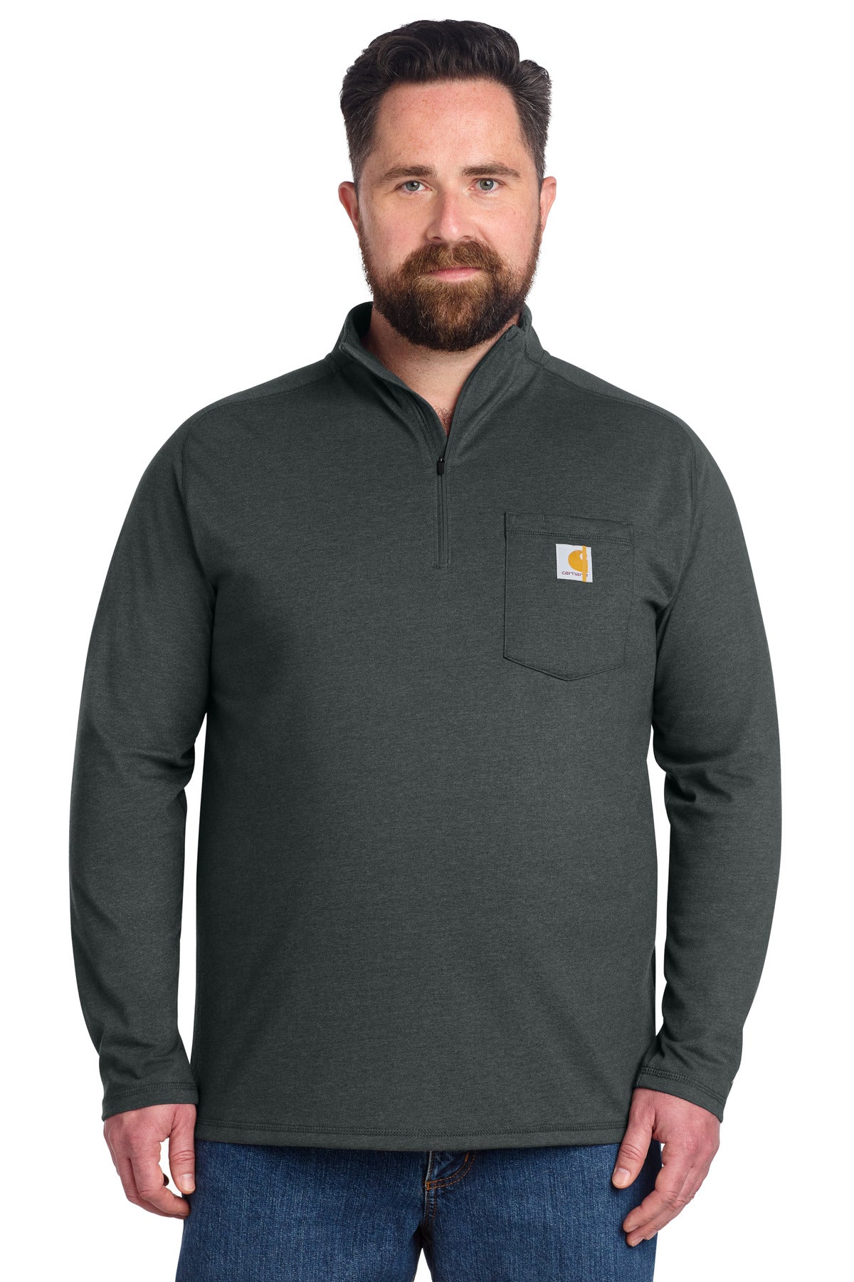 Carhartt Force 1/4-Zip Long Sleeve T-Shirt in carbon heather, front view showing soft fabric and classic fit.