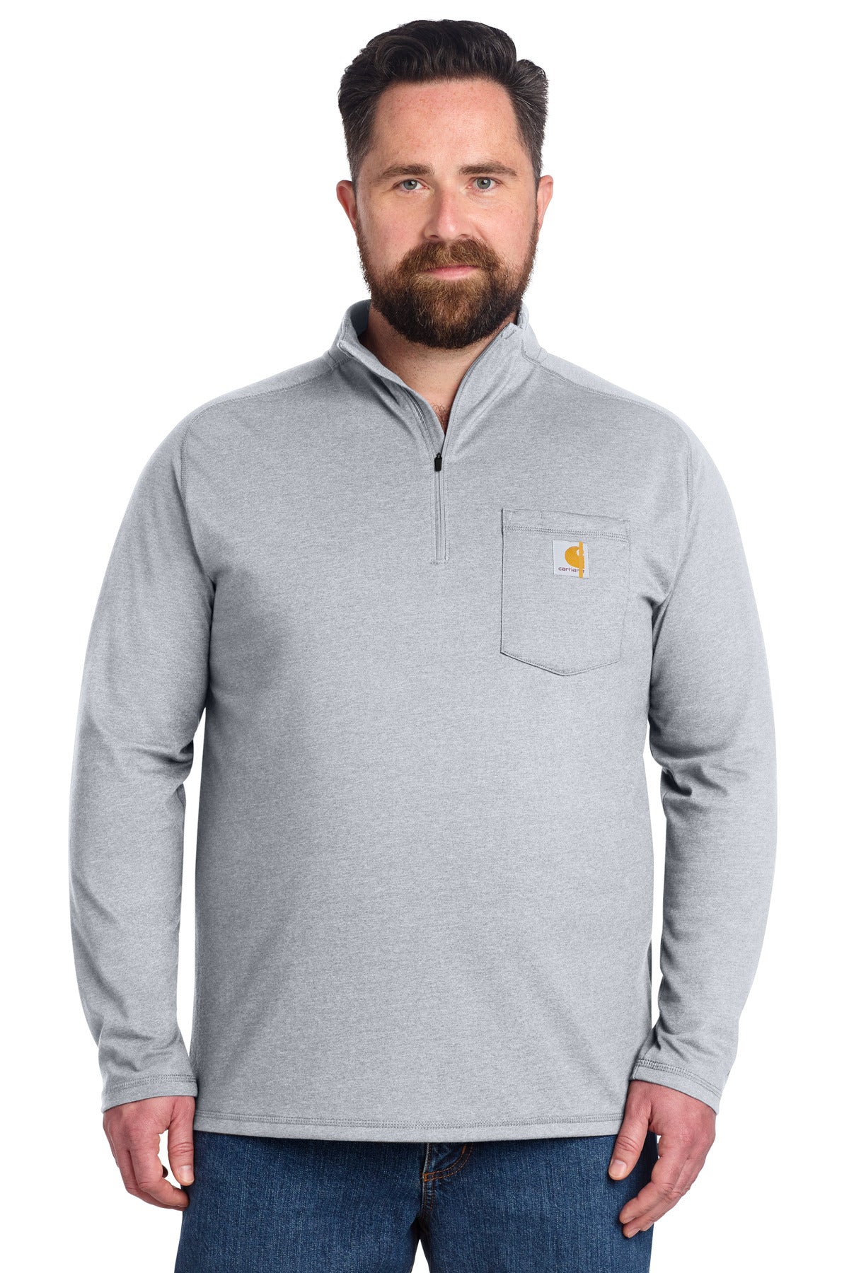 Carhartt Force 1/4-Zip long sleeve T-shirt in heather grey, featuring a front view on a male model.