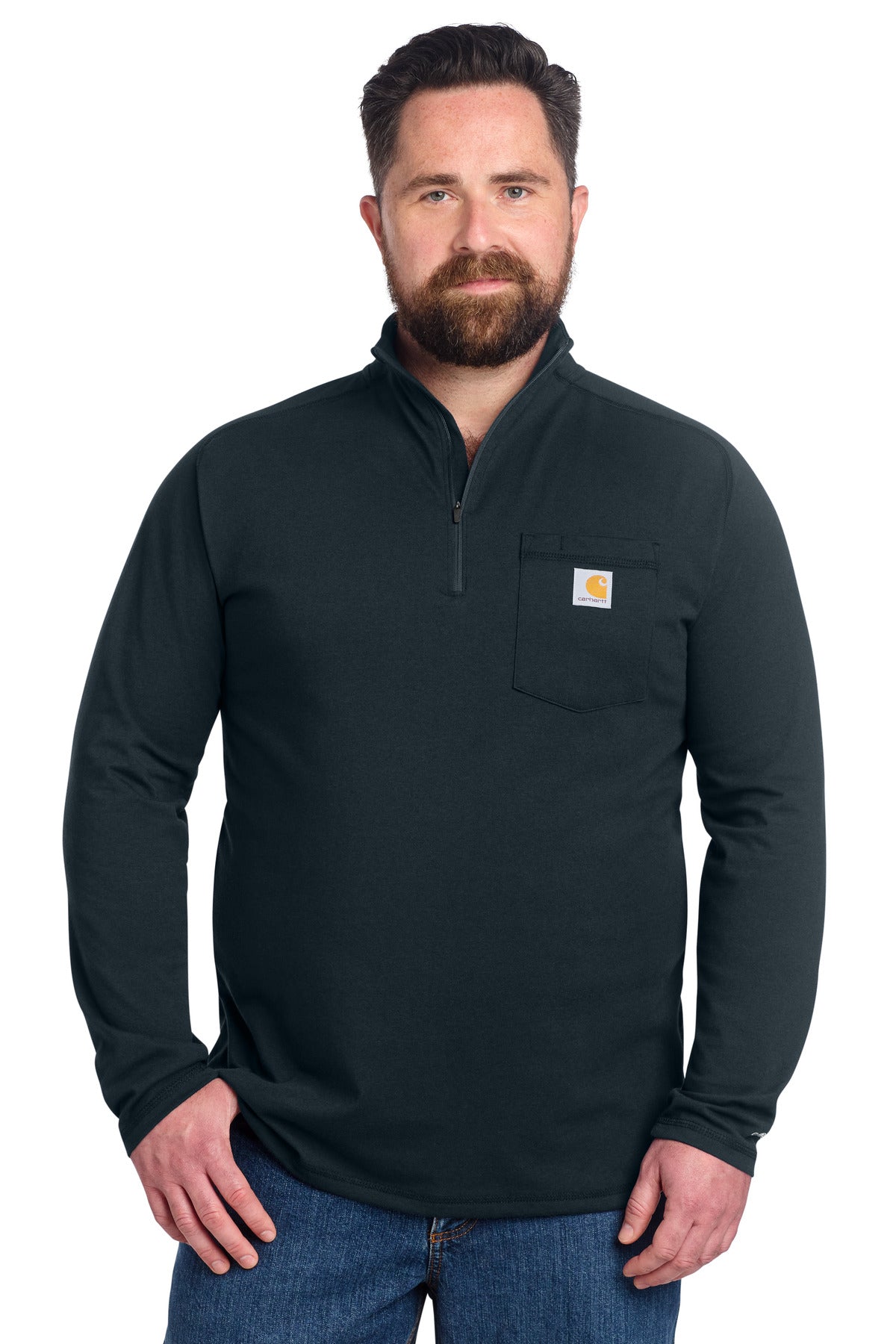Navy Carhartt Force 1/4-zip long sleeve T-shirt worn by a model, front view showing the quarter-zip neckline and logo detail.