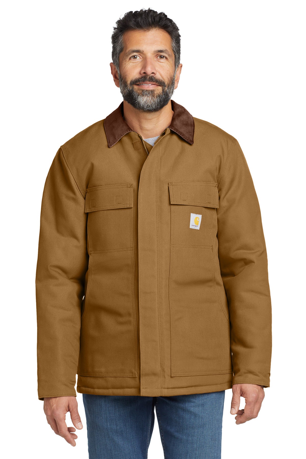 Carhartt Duck Traditional Coat in brown, front view showing durable workwear jacket with sturdy fabric and classic design.