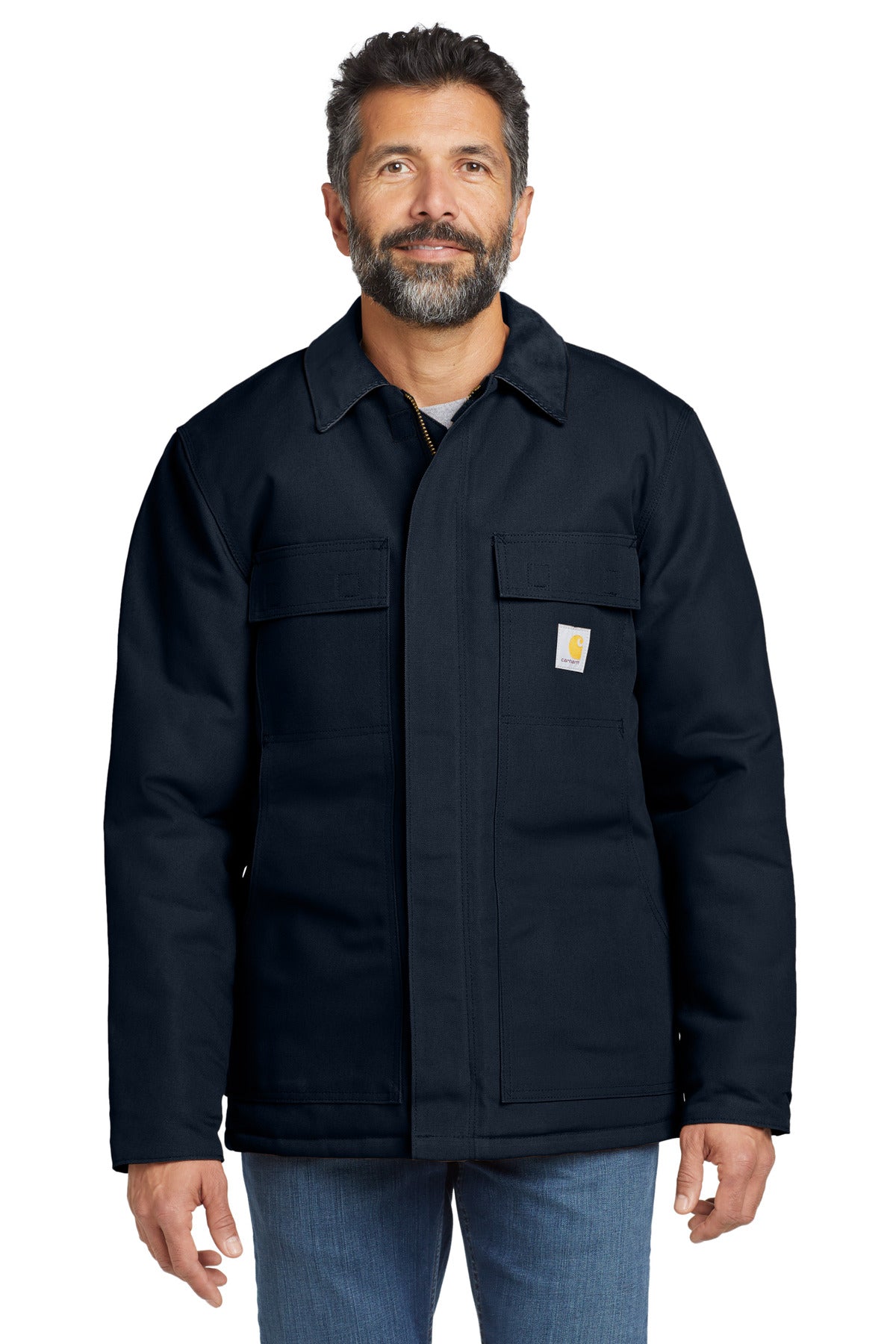 Dark navy Carhartt Duck Traditional Coat front view, durable workwear jacket with rugged stitching and classic design.