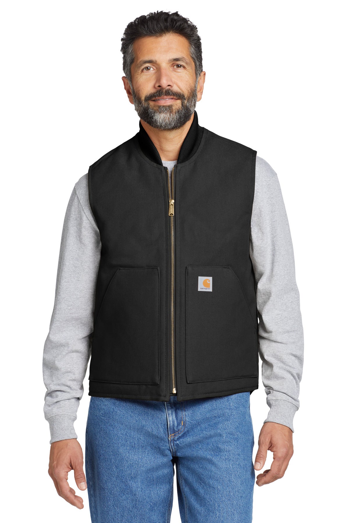 Black Carhartt Duck Vest model front view, durable workwear with quilted lining and adjustable waist for a comfortable fit.