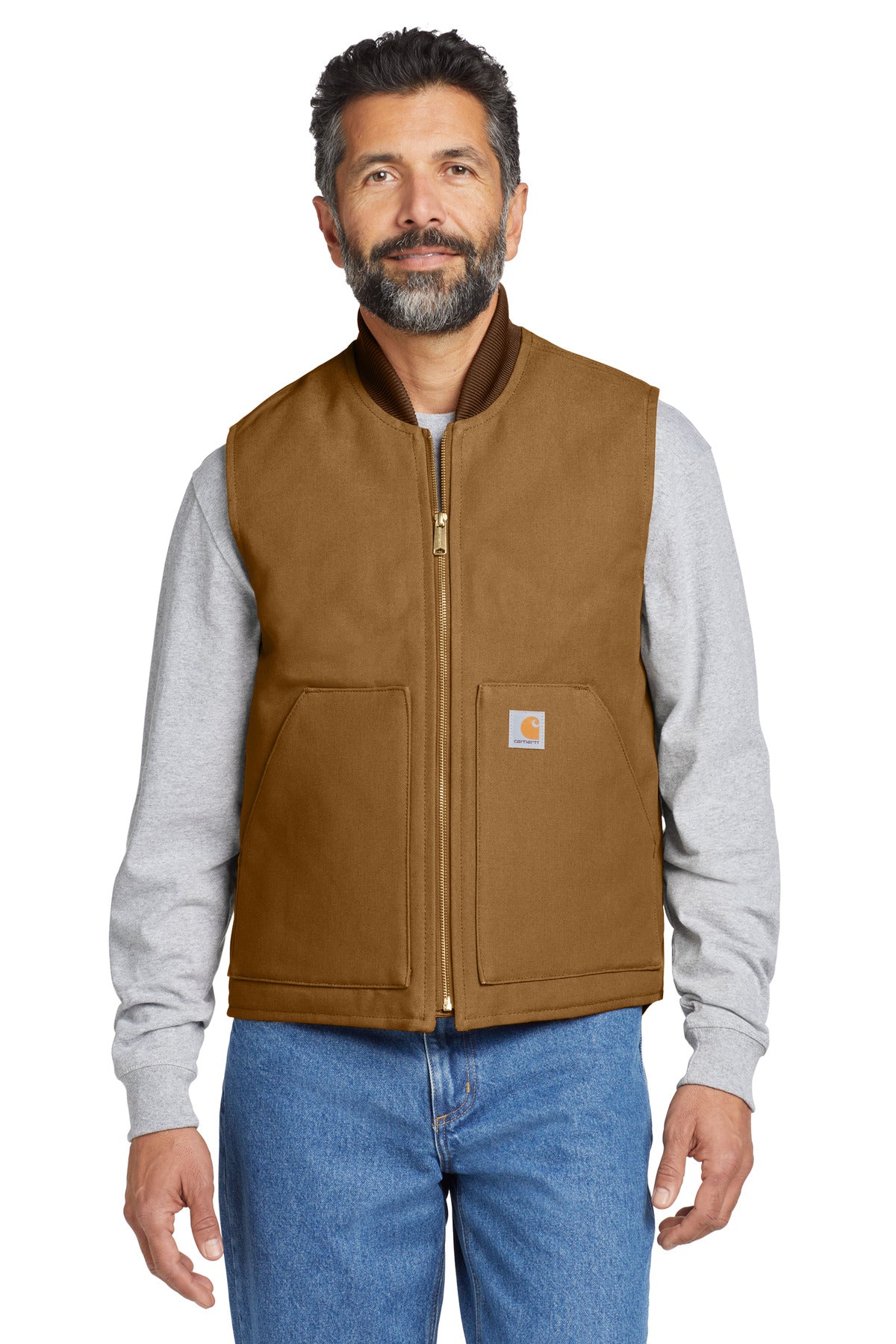 Carhartt Duck Vest in brown, front view showing durable canvas fabric and classic workwear style.