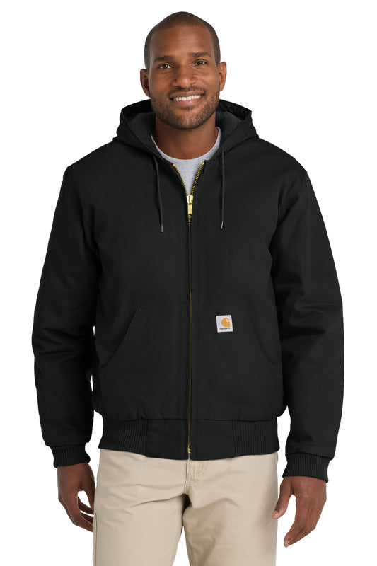 Black Carhartt Quilted-Flannel Lined Duck Active Jac jacket shown from the front on a model. Durable workwear with quilted lining.