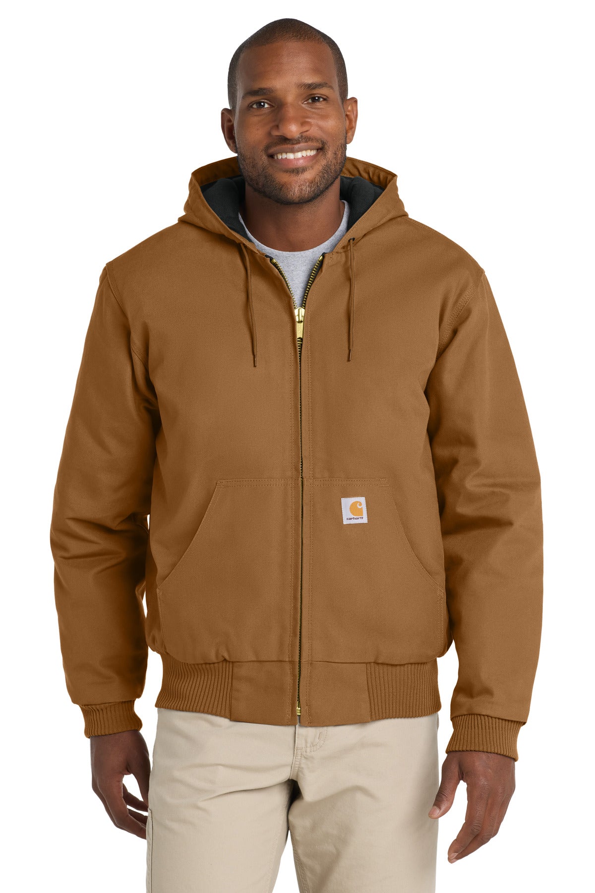 Carhartt quilted-flannel-lined duck active jac in brown, front view showcasing durable workwear with quilted interior.