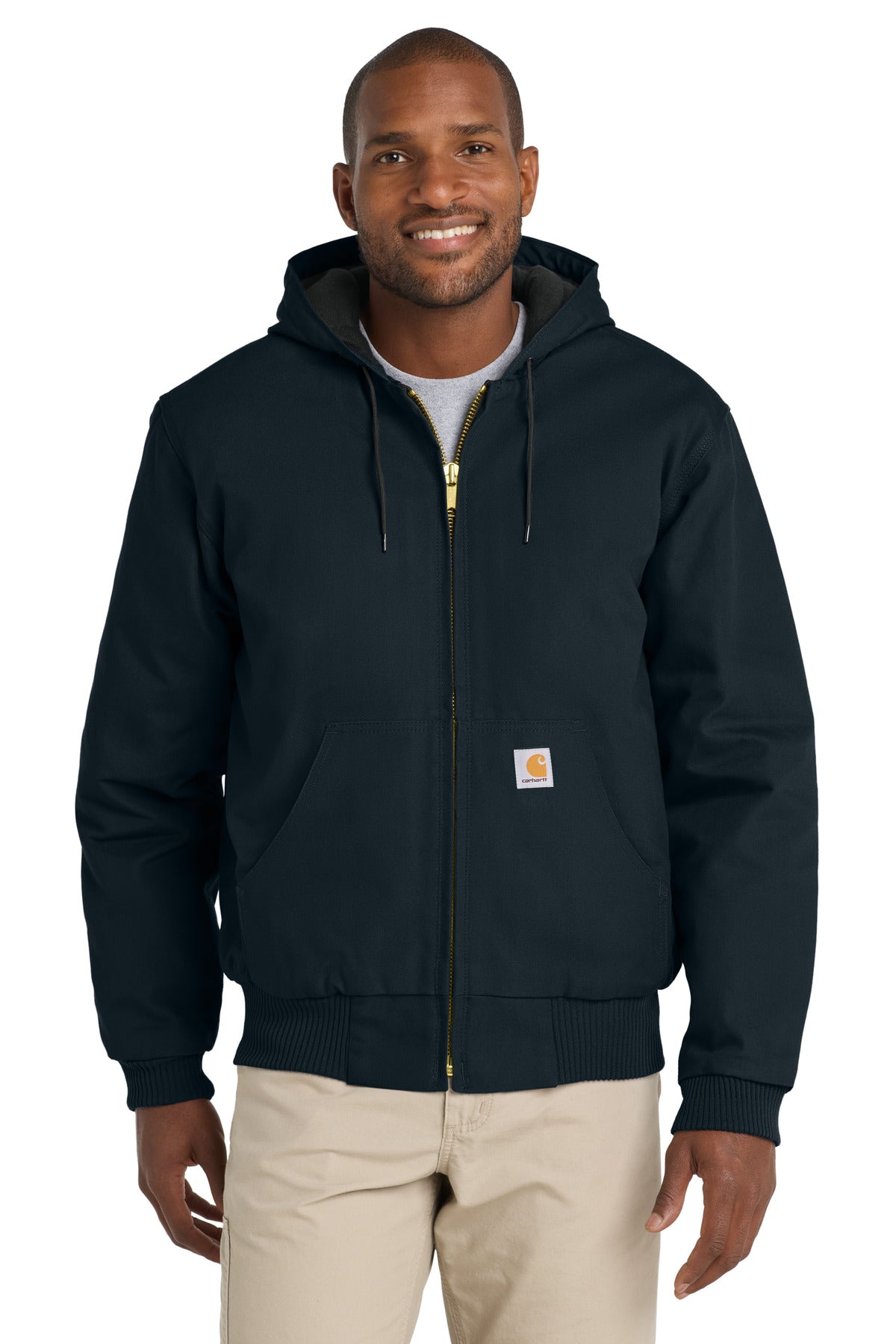 Carhartt dark navy quilted flannel-lined duck active jacket shown from the front, featuring durable fabric and warm interior.