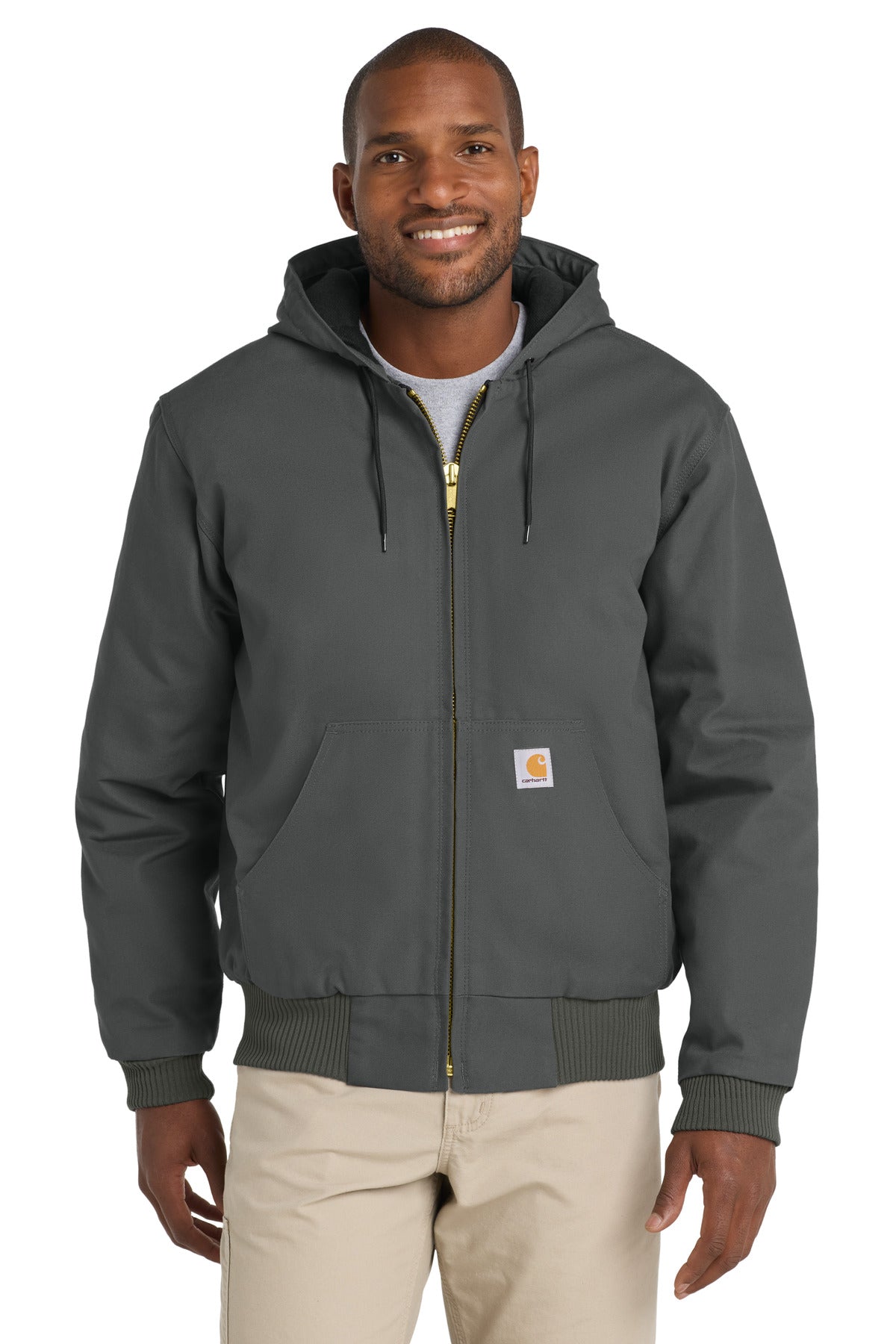 Front view of Carhartt Quilted-Flannel Lined Duck Active Jac in gravel color, showing durable fabric and quilted lining.