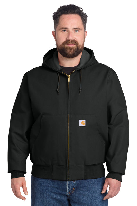 Black Carhartt thermal-lined duck active jacket with front view, showcasing its durable fabric and warm, insulated design.