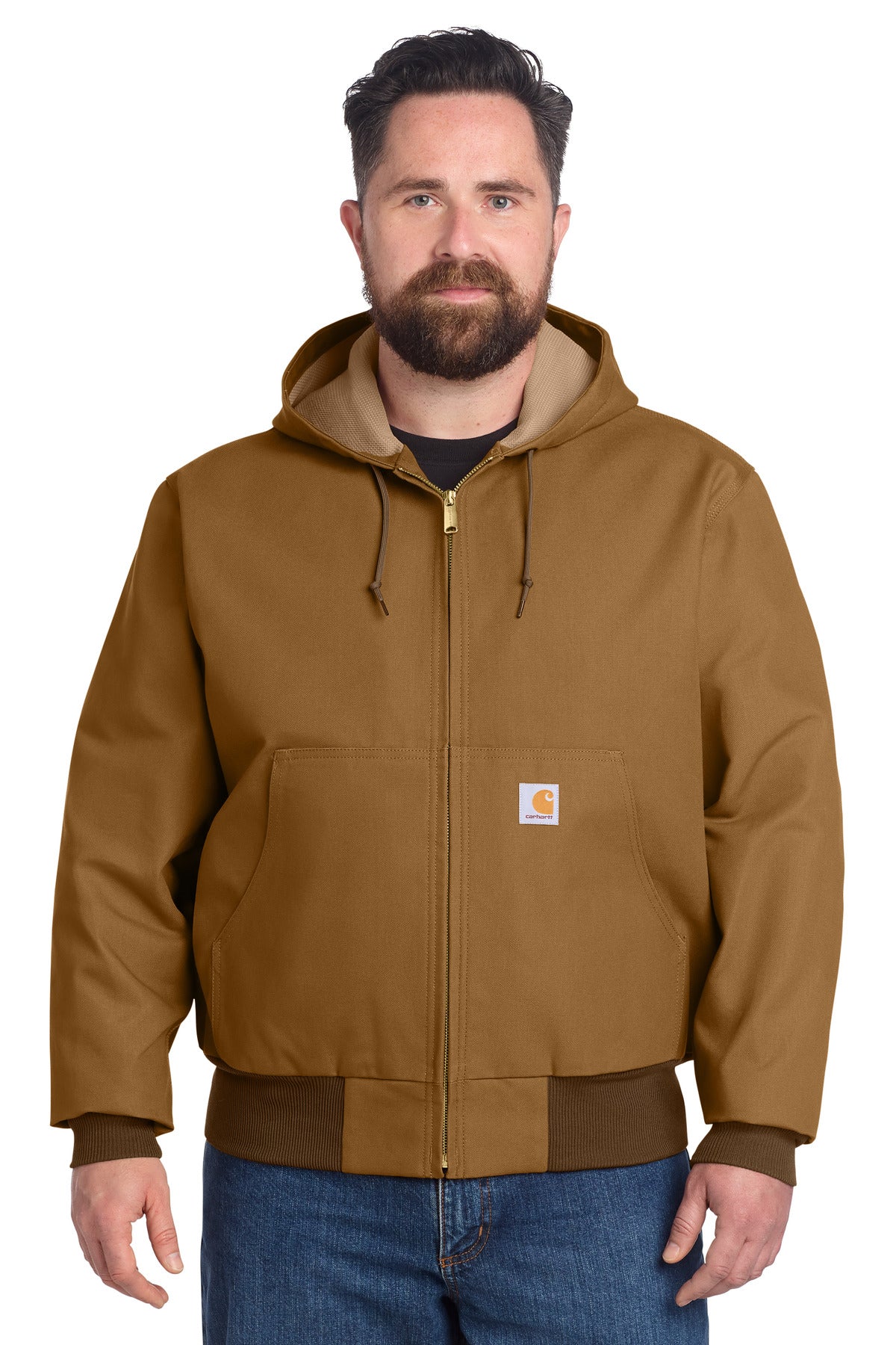 Carhartt thermal-lined duck active jacket in brown, front view showing durable fabric and warm lining for outdoor work.