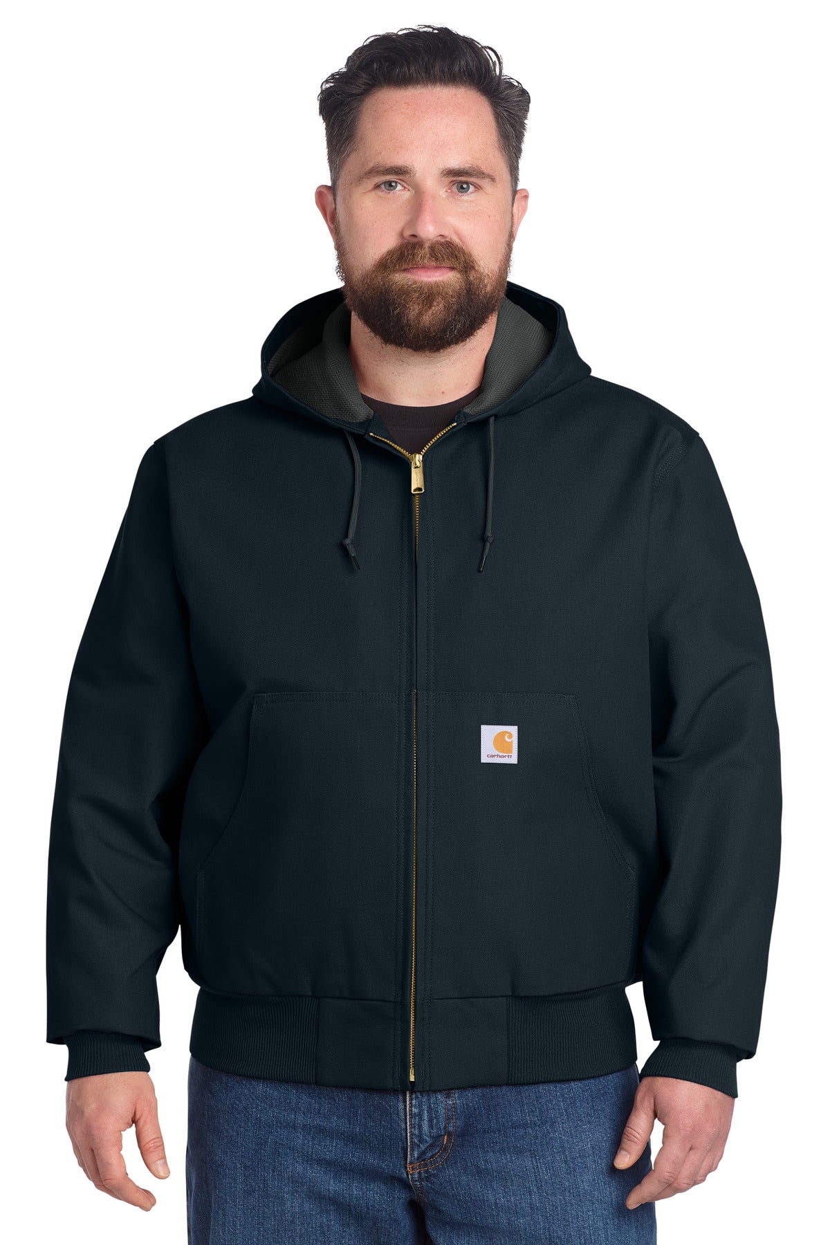Front view of Carhartt thermal-lined duck active jacket in dark navy, showcasing durable fabric and classic workwear design.