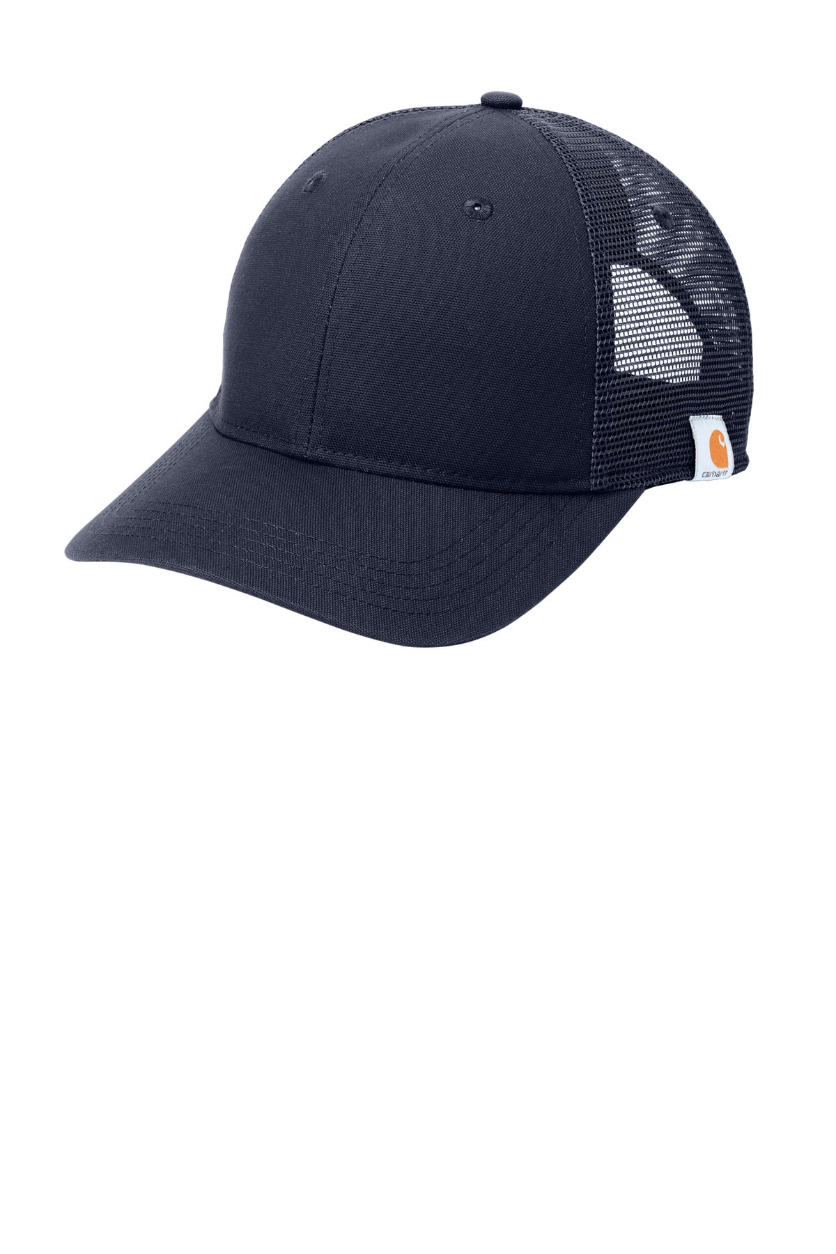 Carhartt Rugged Professional Series navy cap with curved brim and adjustable strap, shown from left side.