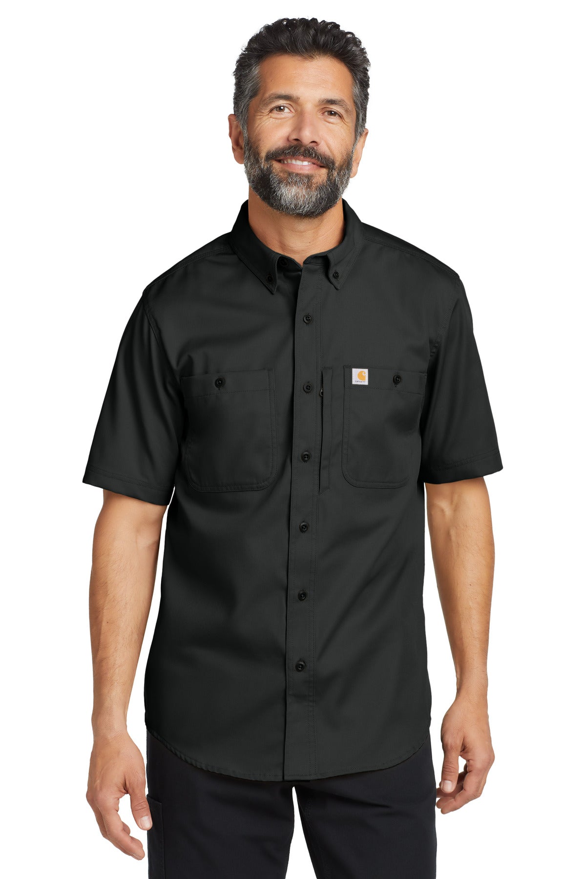 Black Carhartt Rugged Professional Series short sleeve shirt displayed on a model, front view showing durable fabric and classic design.