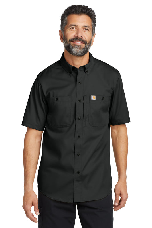 Black Carhartt Rugged Professional Series short sleeve shirt displayed on a model, front view showing durable fabric and classic design.