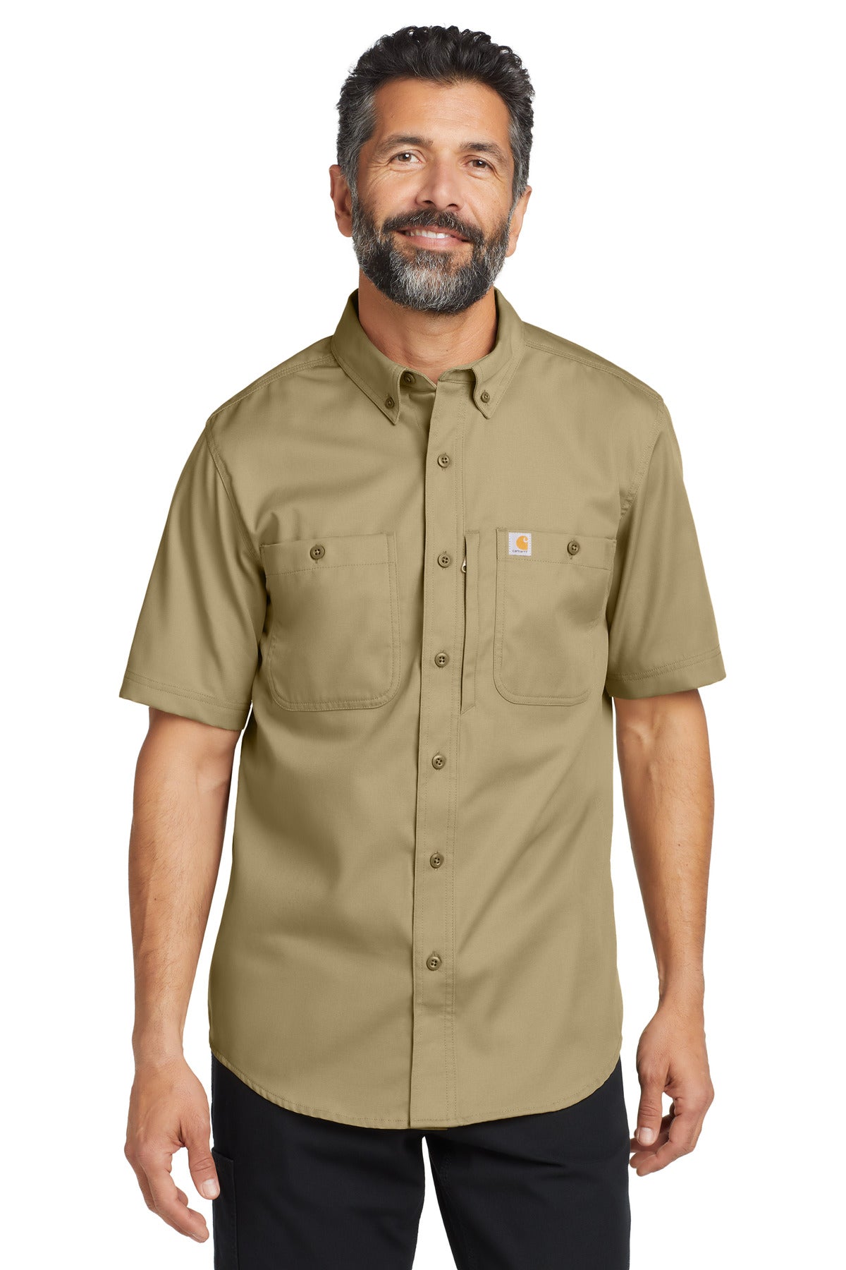 Carhartt Rugged Professional Series short sleeve shirt in dark khaki, model wearing front view, durable workwear design.