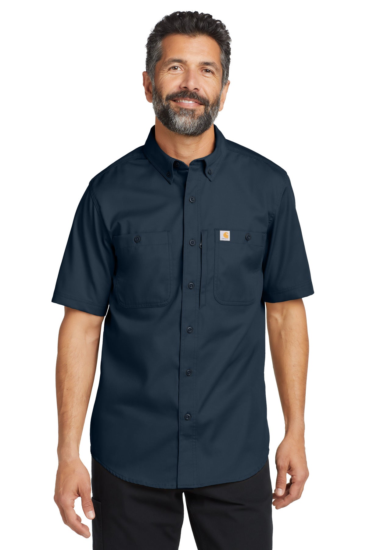 Navy Carhartt Rugged Professional Series short sleeve work shirt with button front and chest pocket, worn by a male model.