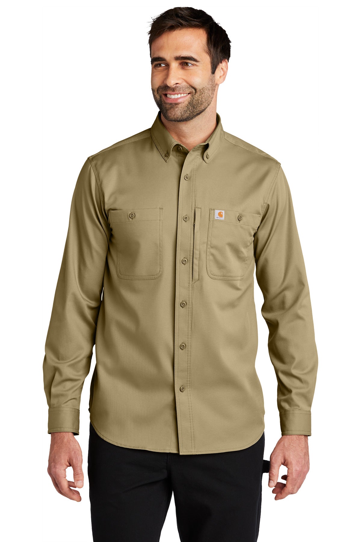 Carhartt Rugged Professional Series long sleeve shirt in dark khaki, model wearing front view, durable workwear with button collar.