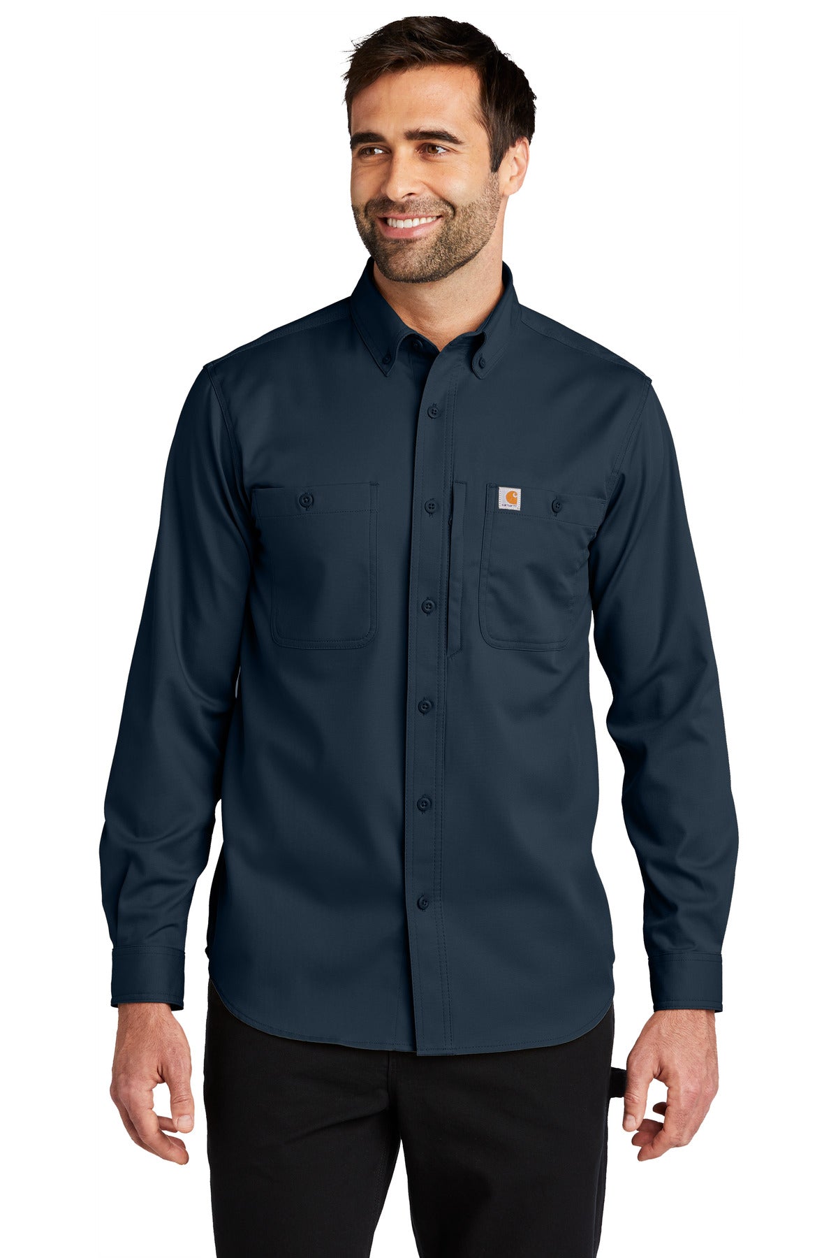 Navy Carhartt Rugged Professional Series long sleeve work shirt with front view, durable construction and classic design.