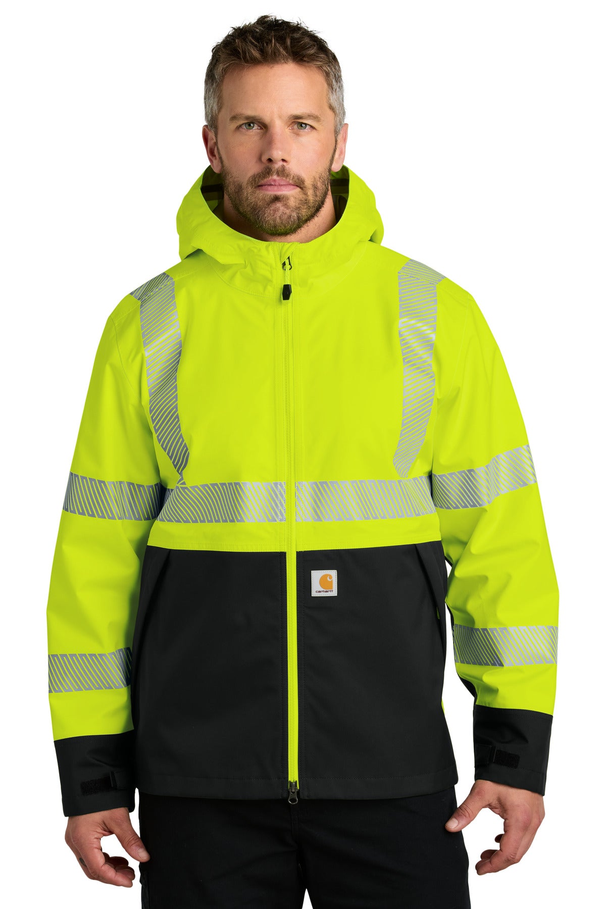 Carhartt ANSI 107 Class 3 Storm Defender jacket in bright lime, front view showing reflective stripes and durable fabric.