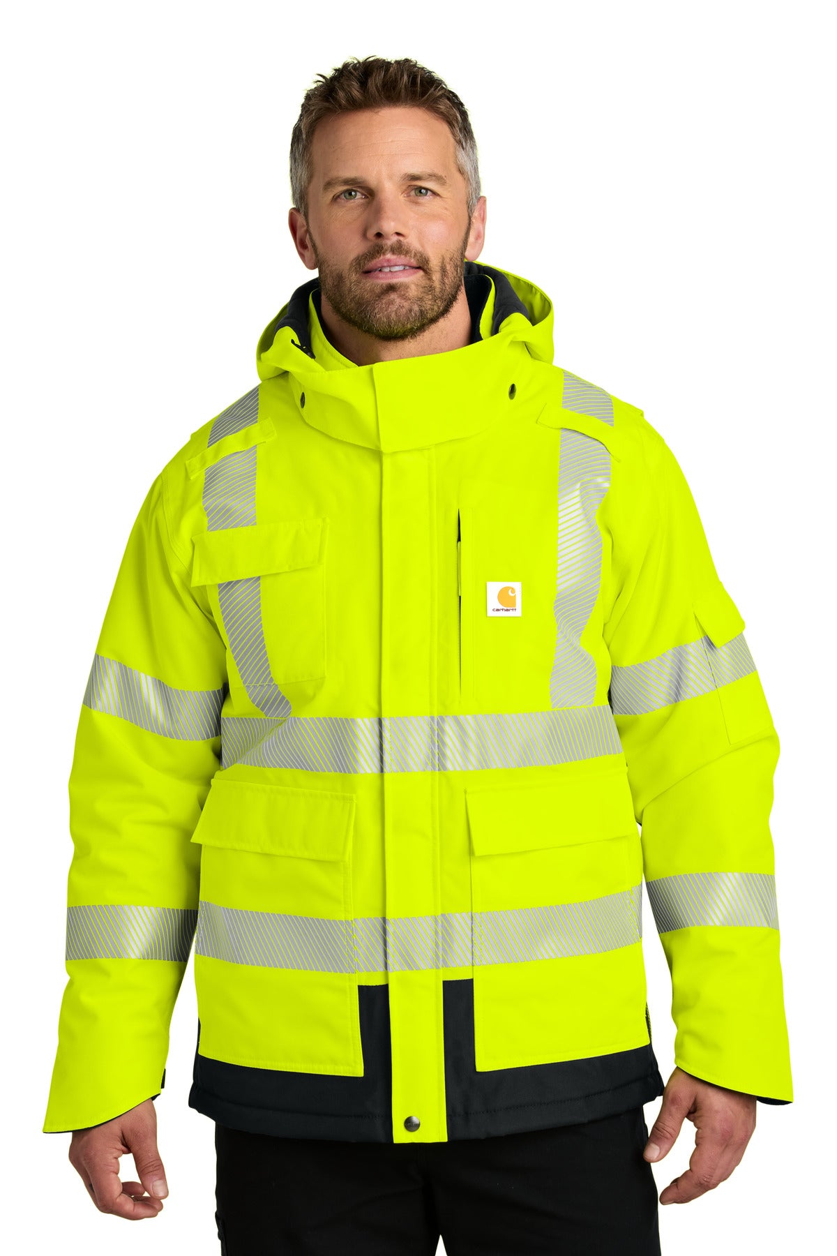 Carhartt ANSI 107 Class 3 waterproof insulated heavyweight jacket in bright lime, front view showing durable design and reflective details.