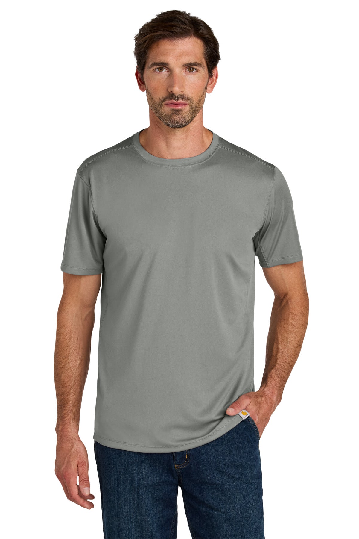 Carhartt Force Sun Defender short sleeve T-shirt in asphalt grey, front view showing lightweight, moisture-wicking fabric.