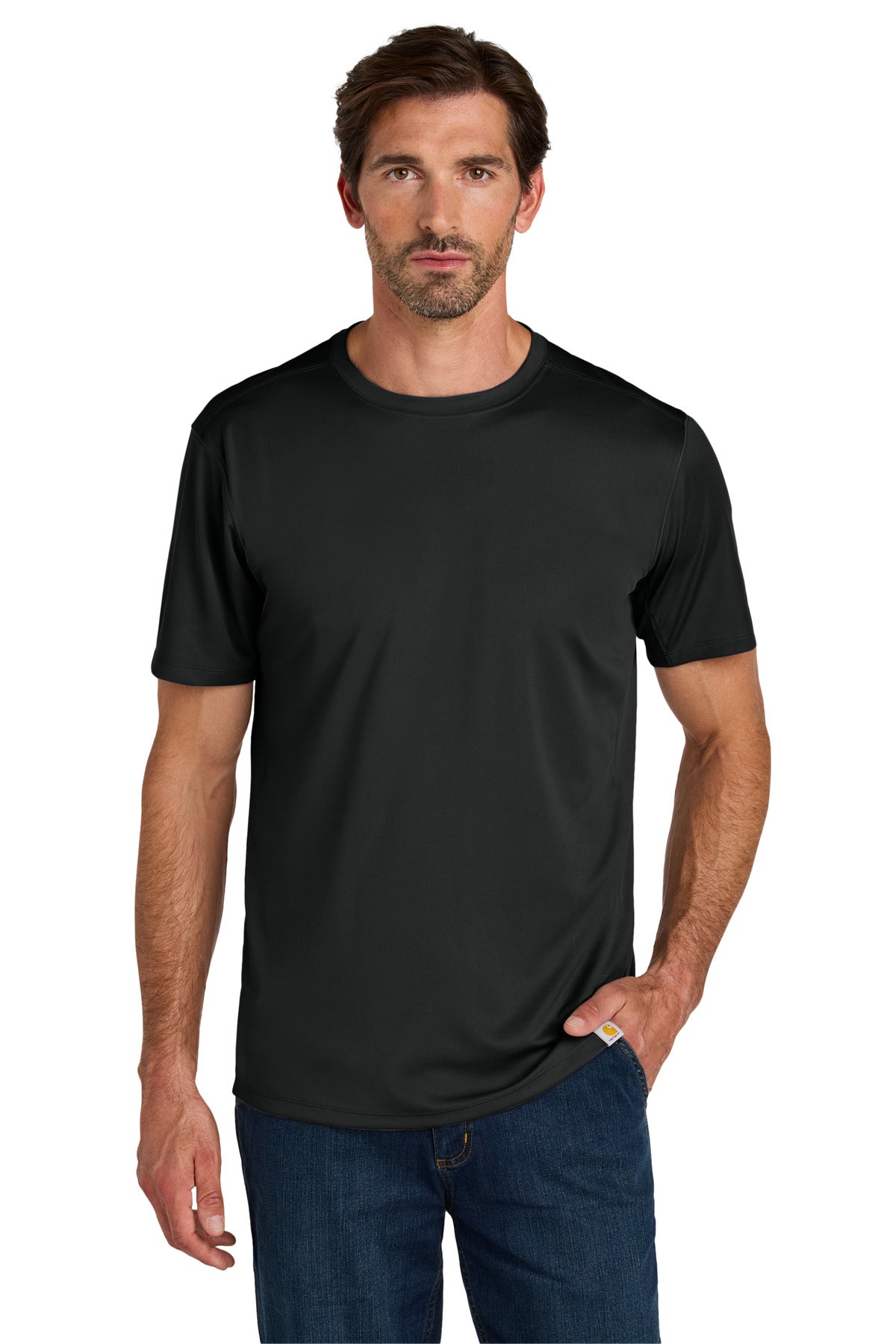 Black Carhartt Force Sun Defender short sleeve T-shirt worn by a model, showcasing the lightweight, breathable fabric and sun protection features.