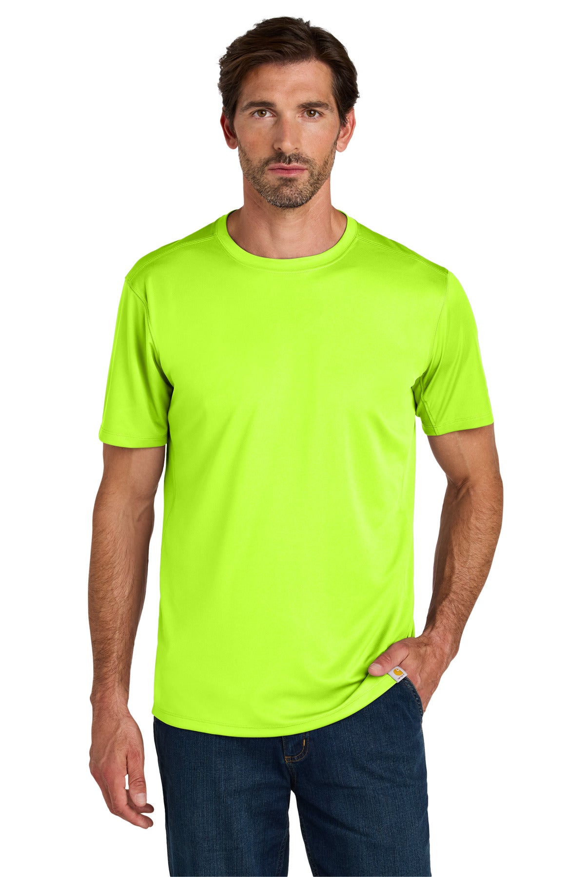 Carhartt Force Sun Defender short sleeve T-shirt in bright lime, front view showing lightweight fabric and sun protection features.