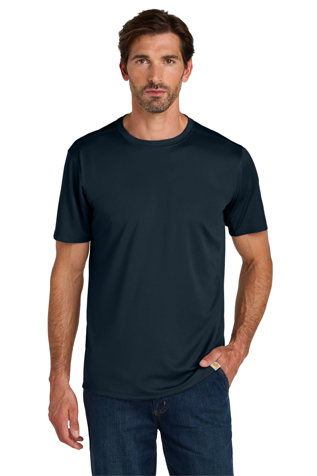 Carhartt Force Sun Defender short sleeve T-shirt in navy, front view showing breathable fabric and lightweight construction.