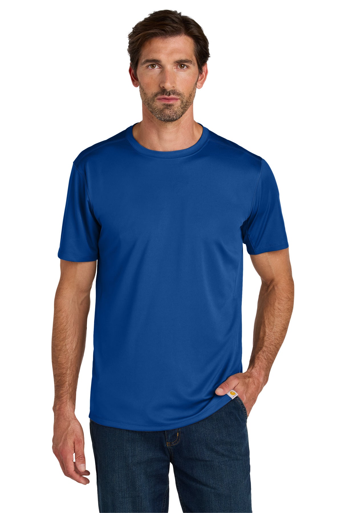 Front view of Carhartt Force Sun Defender short sleeve T-shirt in royal glass blue, showcasing its relaxed fit and lightweight fabric.