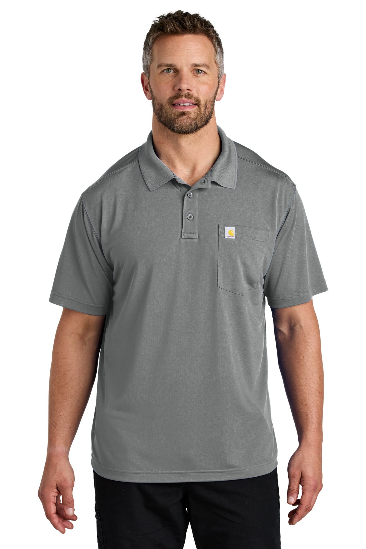 Carhartt Force snag-resistant pocket polo shirt in asphalt grey, front view showing collar and chest pocket.