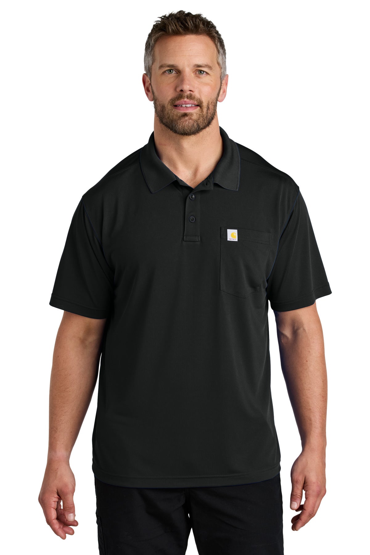 Black Carhartt Force snag-resistant pocket polo shirt worn by a model, front view showing collar and chest pocket.