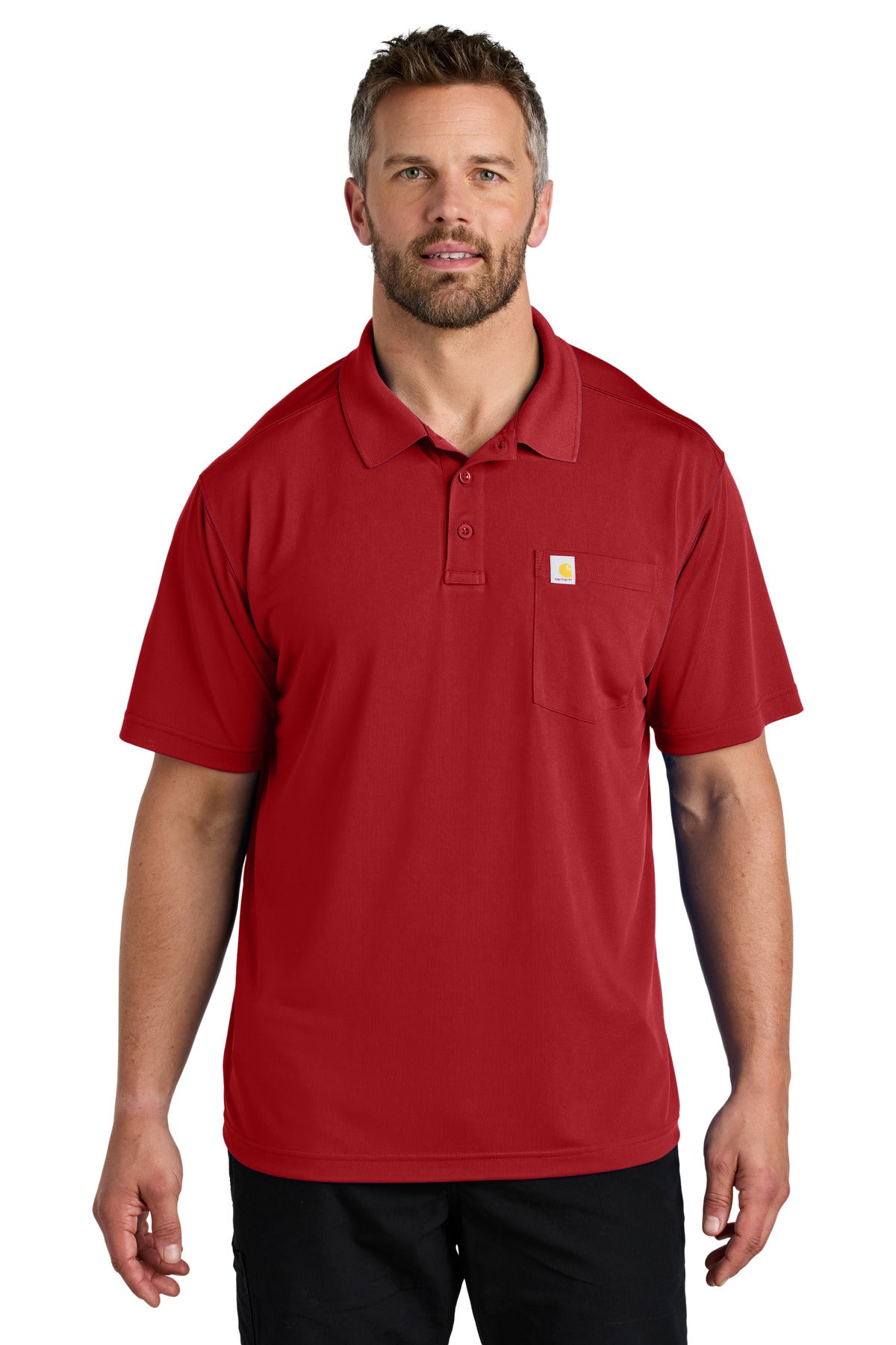 Carhartt Force crimson red snag-resistant pocket polo shirt on a model, front view showing collar and chest pocket.