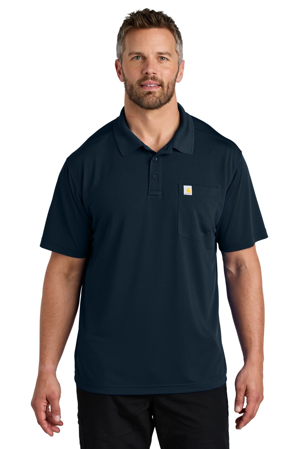 Navy Carhartt Force snag-resistant pocket polo shirt on a model, front view showing collar and chest pocket.