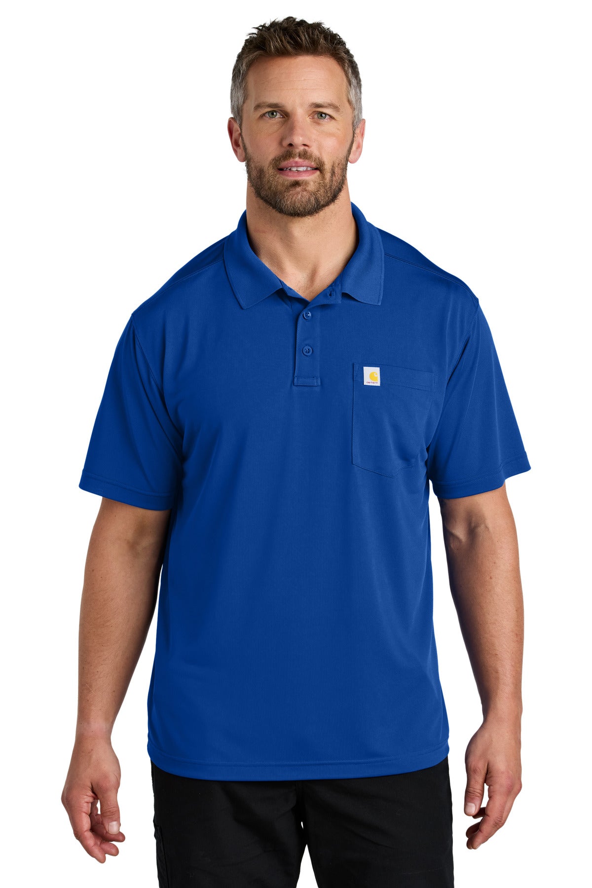 Carhartt Force royal blue snag-resistant pocket polo shirt worn by a model, showing front view with collar and chest pocket.