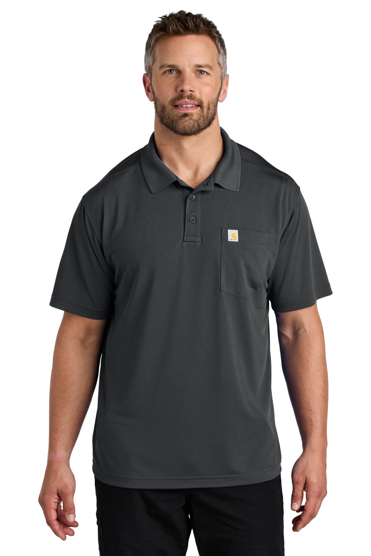 Carhartt Force snag-resistant pocket polo in shadow grey shown front view on a model.