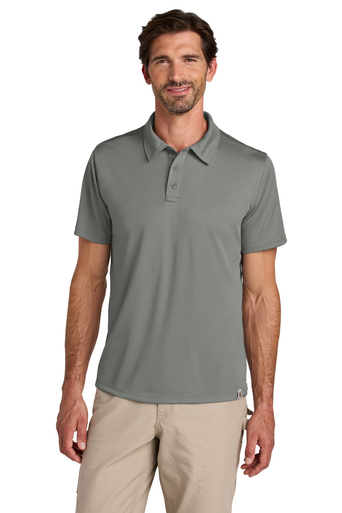 Carhartt Force Sun Defender Polo in asphalt grey, front view showing lightweight fabric and sun protection design.