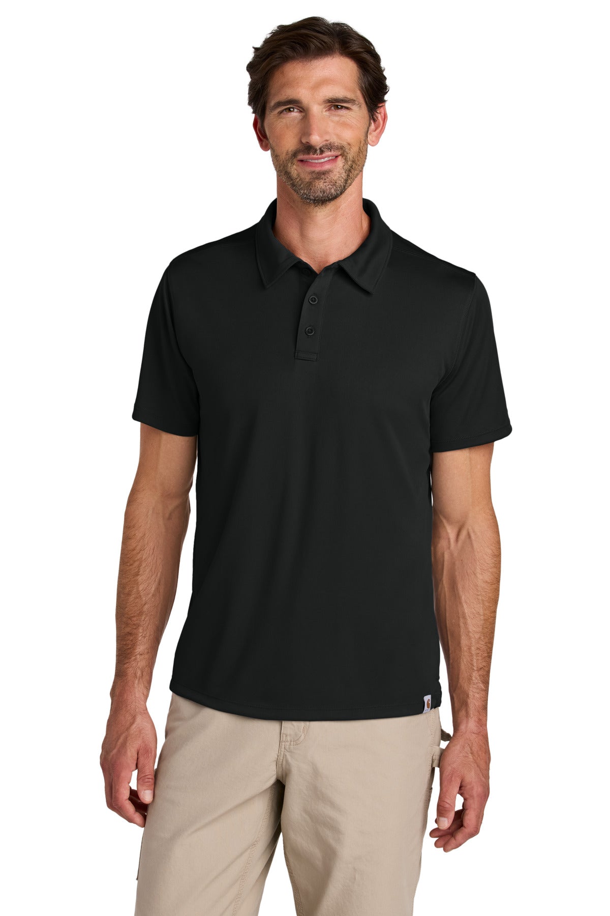 Black Carhartt Force Sun Defender Polo shirt on model, front view, showcasing the lightweight, breathable fabric and collar design.