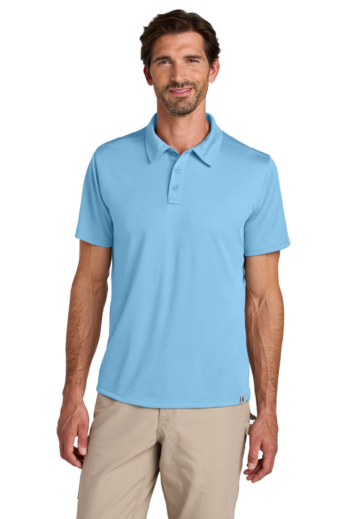 Front view of Carhartt Force Sun Defender Polo in freshwater blue, featuring a classic collar and short sleeves.