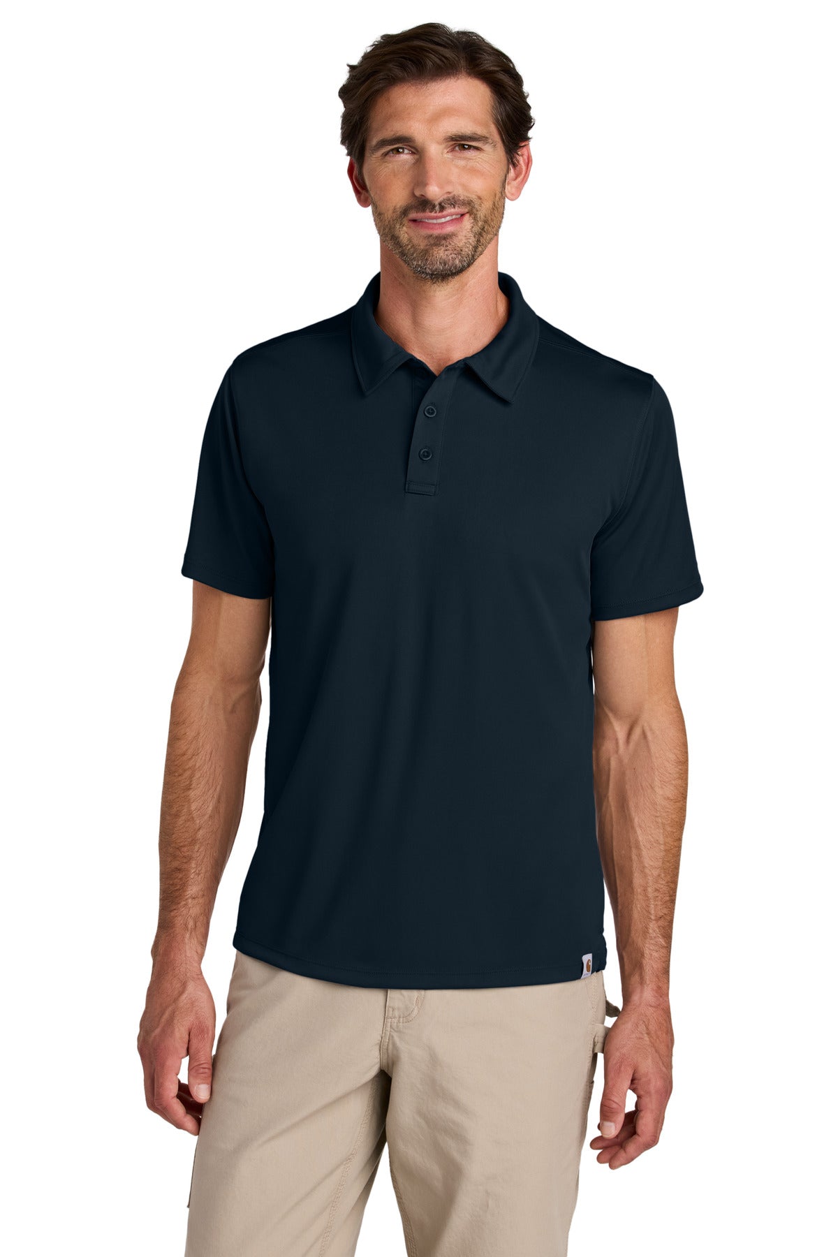 Navy Carhartt Force Sun Defender Polo shirt with a front view, featuring a collar and short sleeves for outdoor work.