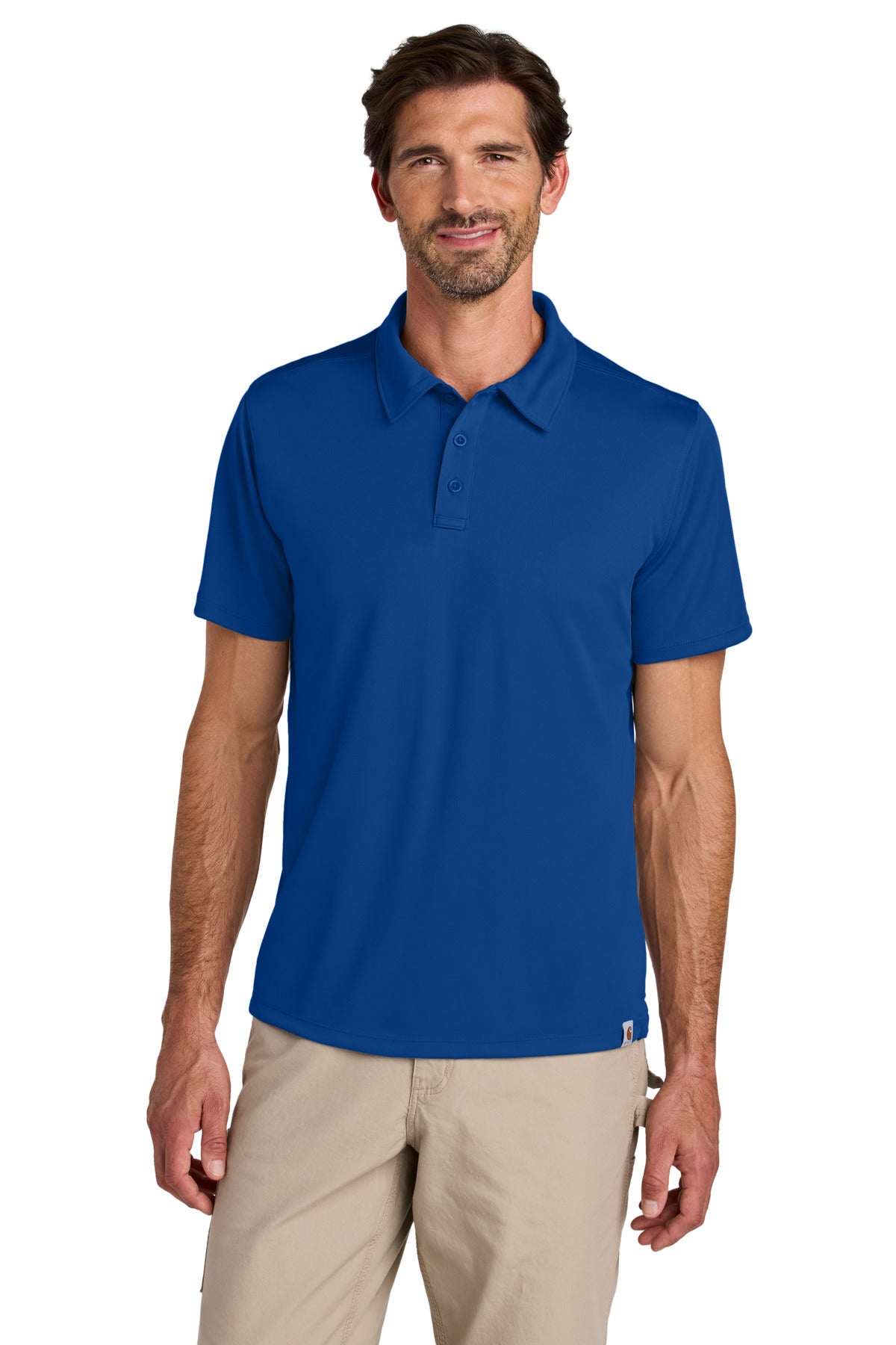Front view of Carhartt Force Sun Defender Polo in royal glass blue, featuring a classic collar and short sleeves.