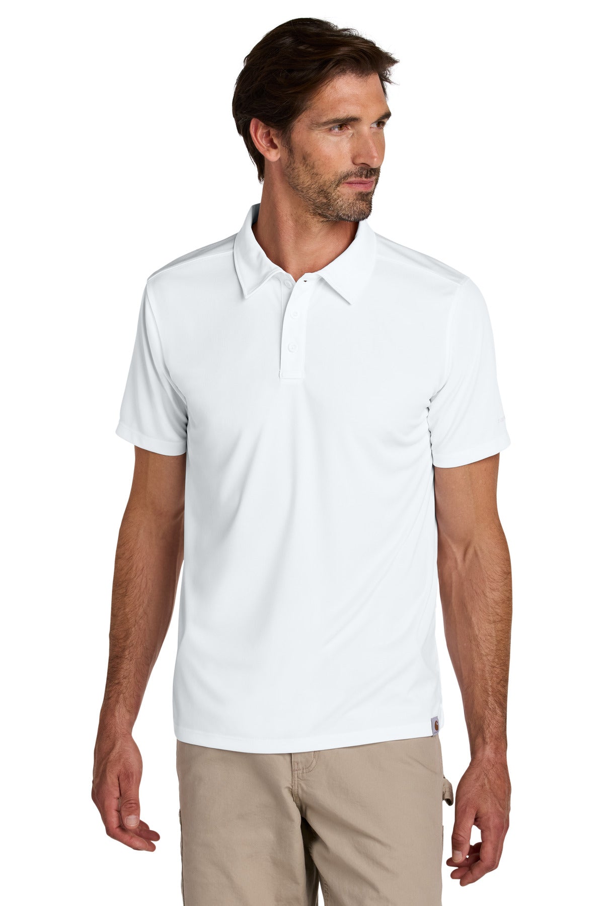 White Carhartt Force Sun Defender Polo shirt worn by a model, front view showing the athletic fit and collar details.