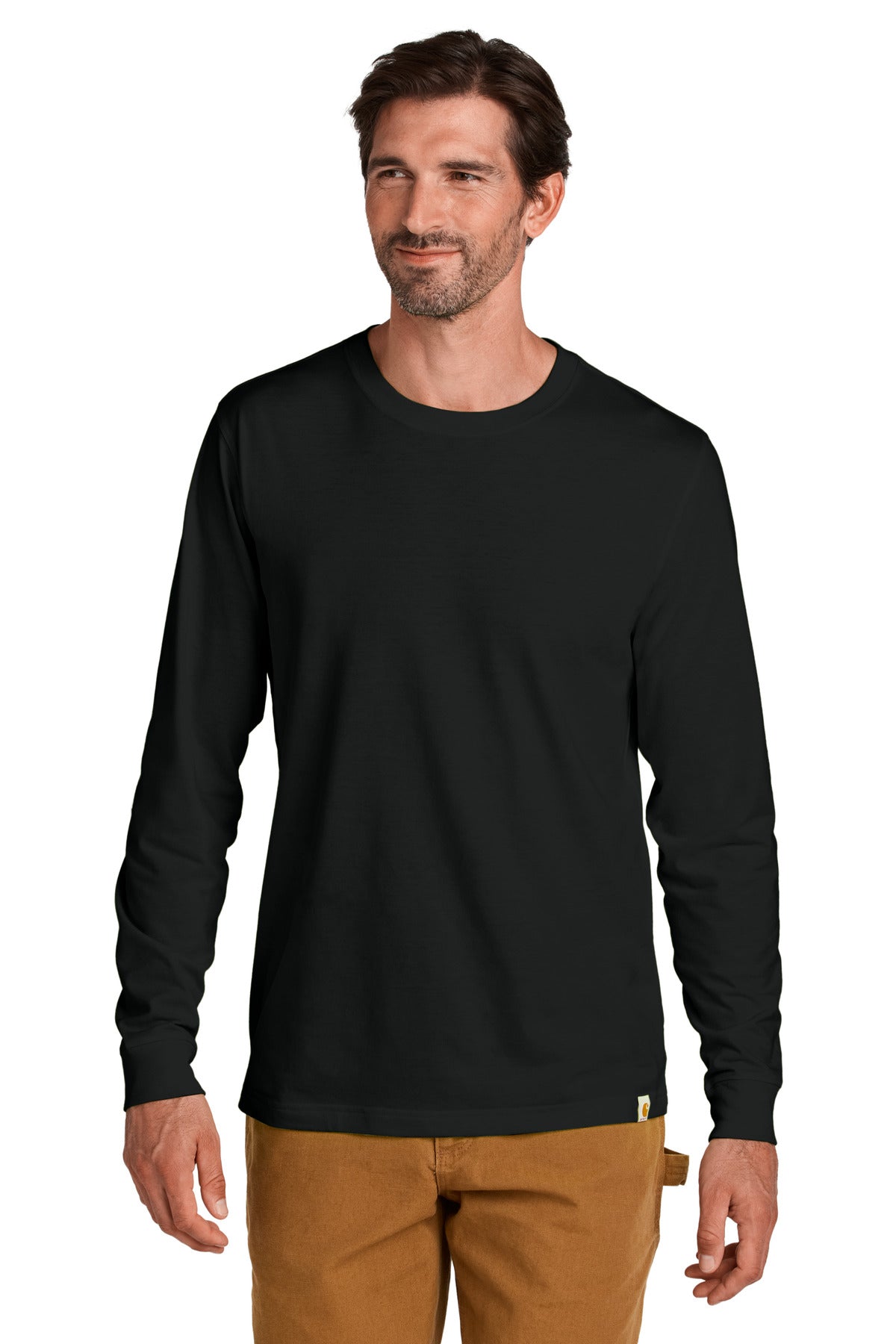 Black Carhartt long sleeve T-shirt with crew neck and logo detail, worn by a model facing forward.