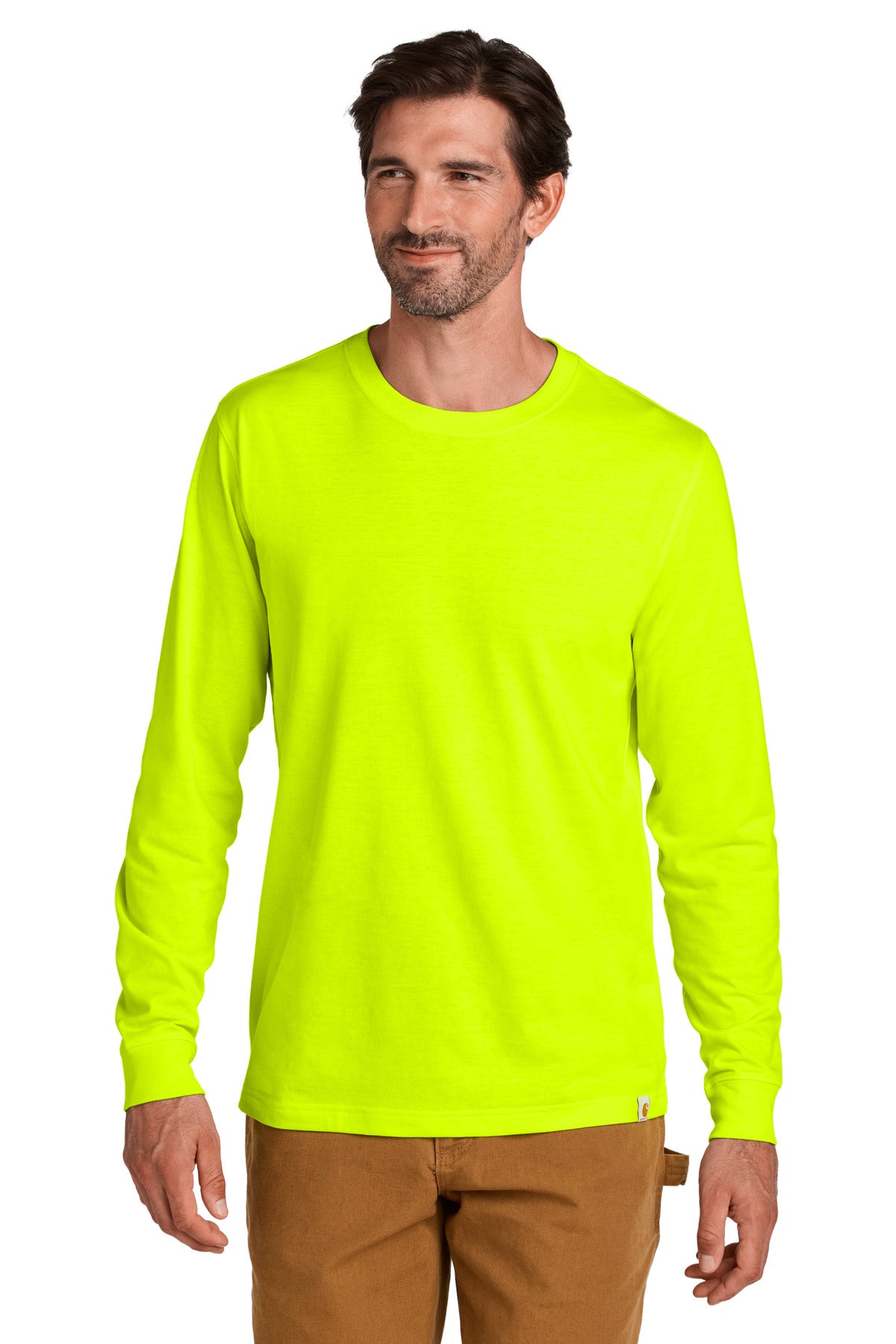 Carhartt long sleeve T-shirt in bright lime color, front view showing soft fabric and classic fit.