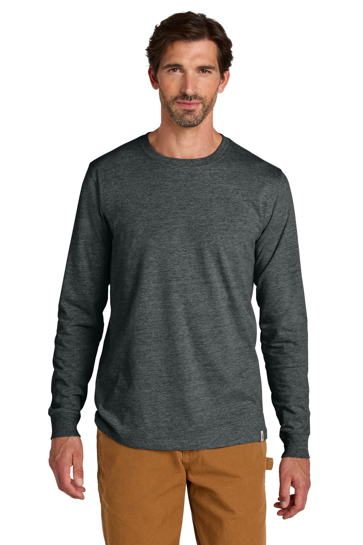 Carhartt long sleeve T-shirt in carbon heather with crew neckline, shown front view, made of durable fabric for casual wear.